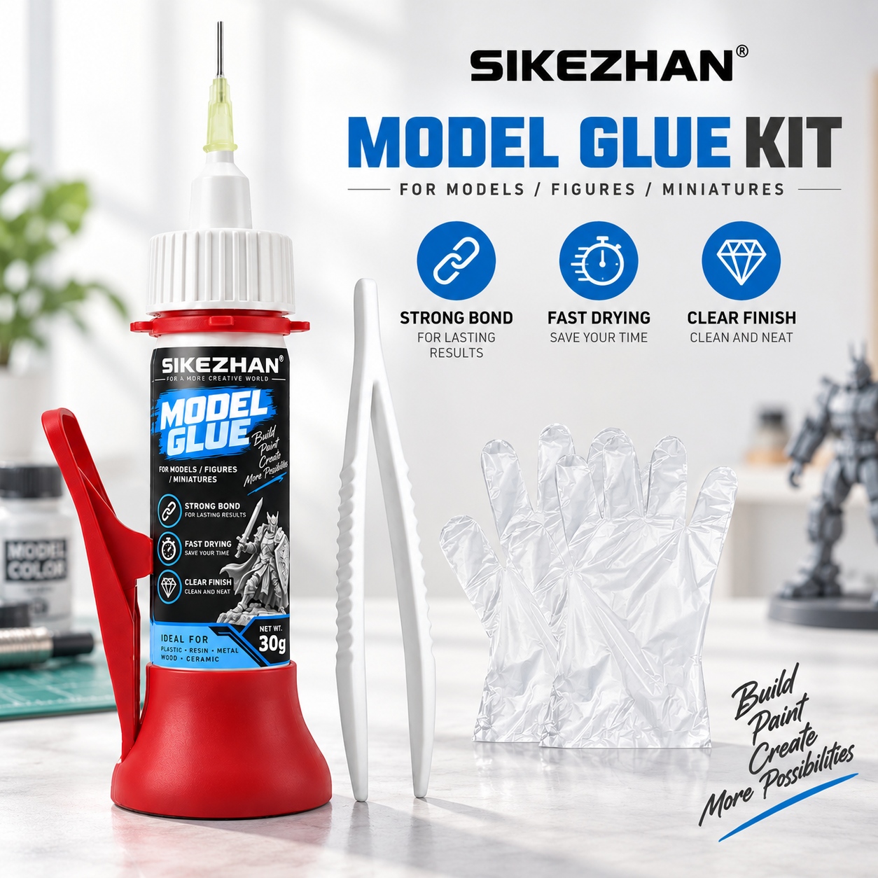 Woodworking Glue - กาวโมเดล SIKEZHAN 30 กรัม ชุดกาวเข็มความแม่นยำสูง พร้อมแหนบและถุงมือ